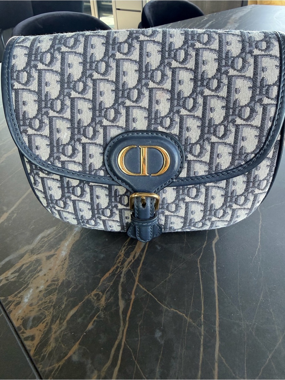 Dior Blue and Cream Oblique Canvas Crossbody Saddle Bag